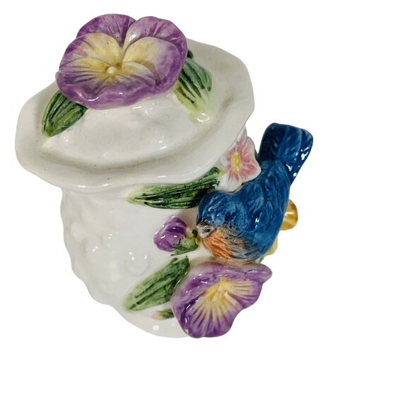 Bluebird Pansies Salt Pepper Shakers VTG Hobnail 3D Ceramic Cottage Tableware - Picture 7 of 13